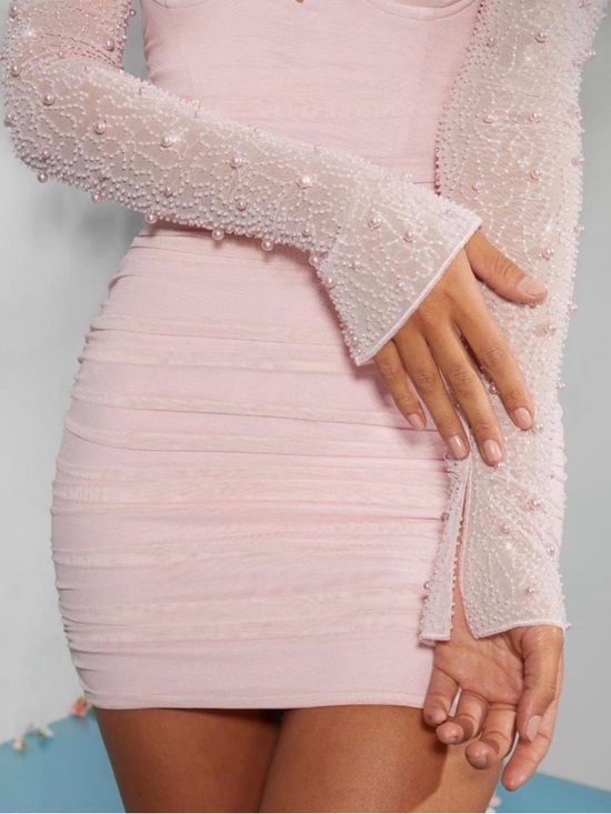 Oh Polly Dresses & Skirts - Elegant Pink Beaded Long-Sleeve Bodycon Dress